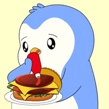 a penguin is holding a hamburger with a heart on it and ketchup on it