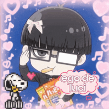 a cartoon of a girl with glasses holding a bag of chips with the name ego de tuci on it