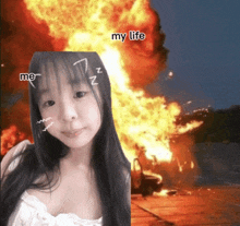 a picture of a girl next to a picture of an explosion with the words " my life " on it