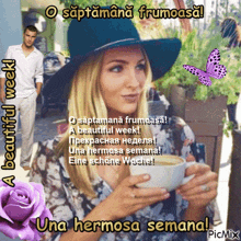 a woman in a hat is holding a cup of coffee with a man in the background