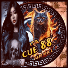 a picture of a woman and a cat with cue 88 alliance written on the bottom