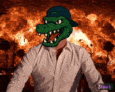 a man in a white shirt has a crocodile head on his face