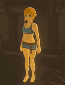 a cartoon character is standing in a dark room with a belt around her waist