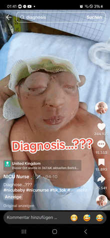 a phone screen shows a baby with a bandage on his head and the words diagnosis