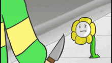 a cartoon of a flower with a sad face and a knife