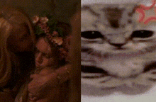 a woman wearing a flower crown next to a cat with a sad face .