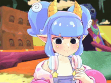 a cartoon character with horns and blue hair