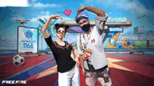 a man and a woman are standing in front of a sign that says 1166