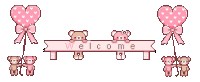 a pixel art welcome sign with teddy bears and balloons