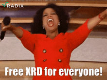 a woman in a red dress is holding a microphone with the words free xrd for everyone below her