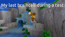 a fox jumping over a waterfall with the words " my last braincell during a test " below it