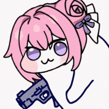 a girl with pink hair is holding a gun