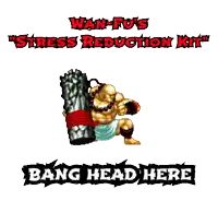 a video game character with the words wan-fu 's stress reduction kit bang head here below him