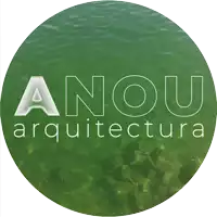 a logo for anou arquitectura with a picture of a body of water in the background