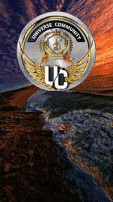 a logo for the universe community with a picture of the ocean in the background