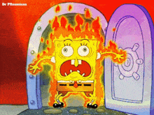 a cartoon of spongebob with flames coming out of his arms