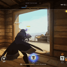a screenshot of a video game with escort the payload written at the top