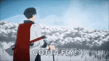 a man in a red cape is standing in front of a snowy mountain holding a sword and a stick .