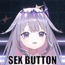 a girl with purple eyes and a crown on her head is wearing a sex button shirt .
