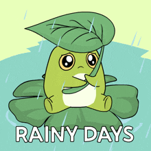 a cartoon of a frog with a leaf on its head and the words " rainy days " below it