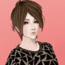 a woman with short brown hair is wearing a black and white sweater with triangles on it .