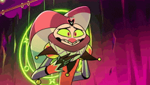 a cartoon character with a heart on his head is standing in front of a circle with the letter m on it