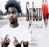 a man in a white shirt is giving the middle finger in front of a sybau v logo