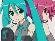 a drawing of two anime girls with the number 01 on their sleeve