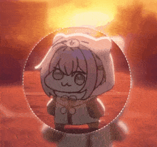 a cartoon girl with a cat hood is standing in a circle in front of a sunset .