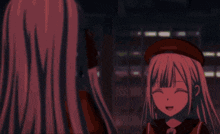 a girl with long purple hair is standing in front of a window at night .