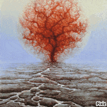 a painting of a tree with the words pixiz on the bottom right