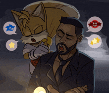 a cartoon of a man and a fox with speech bubbles that say sonic and tails