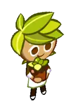 a cookie run character is holding a pot of green plants .