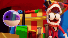 a cartoon character with big eyes and a top hat is standing in front of a colorful background .