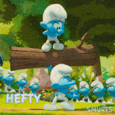 a smurf carrying a log with the word hefty written on it