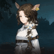 a girl with flowers in her hair has a tag on her ear that says ' sheep farm '