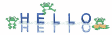 the word hello is written in blue letters with frogs