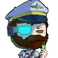 a cartoon drawing of a man with a beard wearing a blue hat and goggles