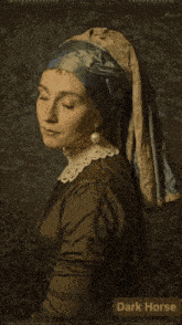a painting of a woman with a pearl earring with the words dark horse below it