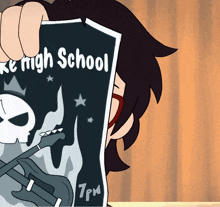 a cartoon character is holding up a paper that says high school