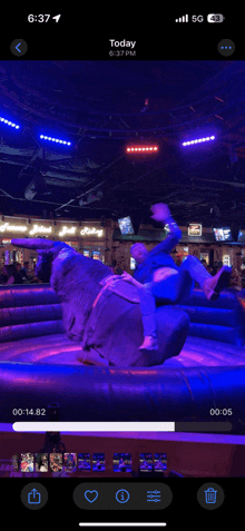 a man is riding a bull in a rodeo arena and the time is 6:37 pm