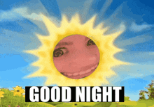 a picture of a sun with a woman 's face on it and the words good night below it