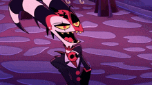 a cartoon character with a skull in his mouth is wearing a suit and tie