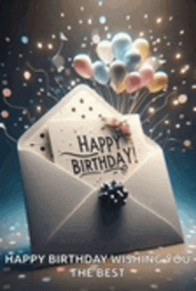 a happy birthday card is coming out of an envelope with balloons coming out of it .