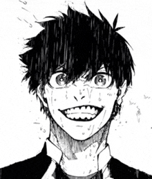 a black and white drawing of a boy with a huge smile on his face .