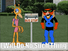 a cartoon character is standing next to a bus stop sign