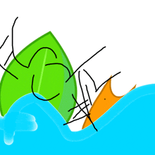 a drawing of a green leaf and an orange fish in the ocean