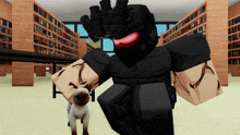 a cartoon character in a library holds a cat
