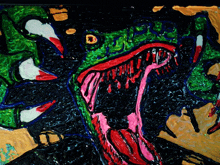 a colorful painting of a monster with the letter d on its face