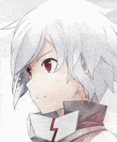 a drawing of a white haired anime character with red eyes